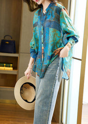 Blue Print Patchwork Cotton Shirt Stand Collar Zircon Long Sleeve