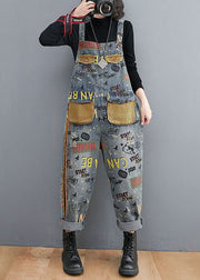 Blue Print Patchwork Denim Spaghetti Strap Jumpsuit Spring