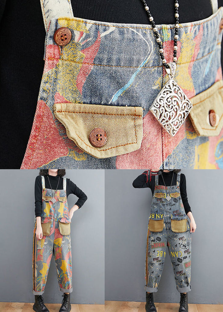 Blue Print Patchwork Denim Spaghetti Strap Jumpsuit Spring