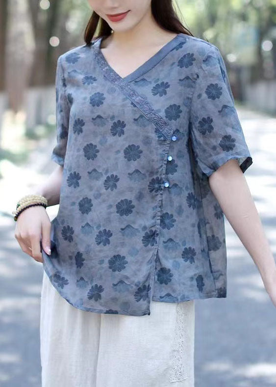 Blue Print Patchwork Linen Blouse Tops V Neck Short Sleeve