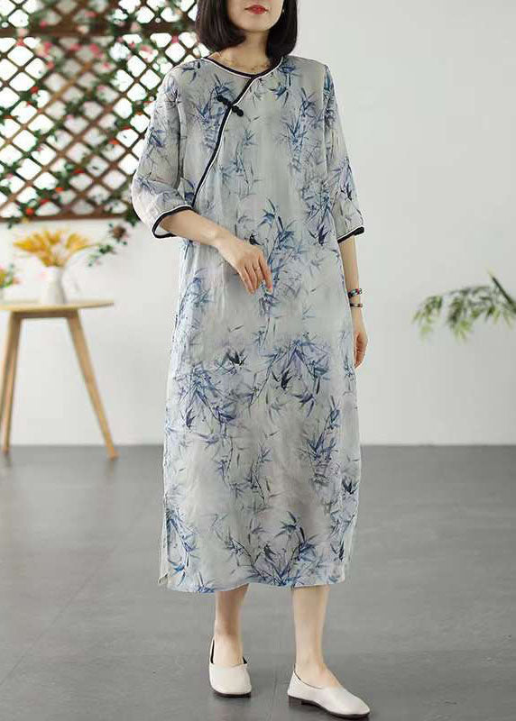 Blue Print Patchwork Linen Dress O Neck Chinese Button Summer