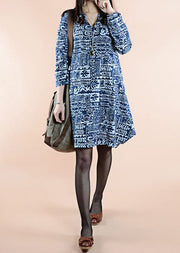 Blue Print Patchwork Linen Dress V Neck Asymmetrical Spring