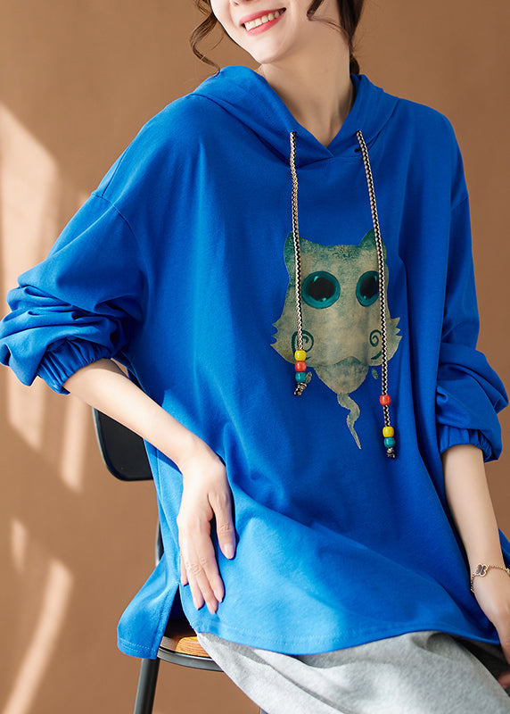 Blue Print Plus Size Cozy Cotton Loose Sweatshirt Hooded Fall