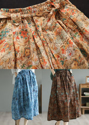 Blue Print Pockets Patchwork Linen Skirt Wrinkled Tie Waist Summer