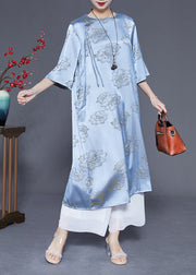 Blue Print Silk Long Dresses Chinese Button Tassel Half Sleeve