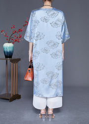 Blue Print Silk Long Dresses Chinese Button Tassel Half Sleeve