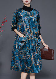 Blue Print Silk Velour Long Dresses High Neck Pockets Spring