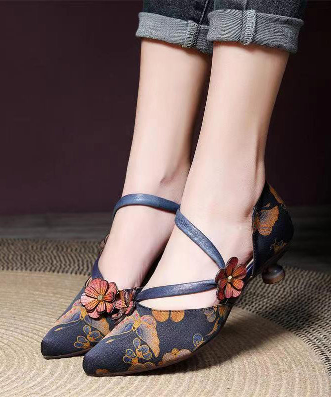 Blue Retro Print Floral High Heels Pointed Toe