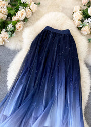 Blue Sequins Tulle Skirt Wrinkled Elastic Waist Summer