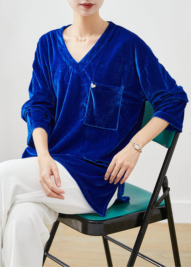 Blue Silk Velour Shirt Tops V Neck Pocket Fall