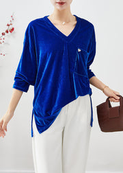 Blue Silk Velour Shirt Tops V Neck Pocket Fall