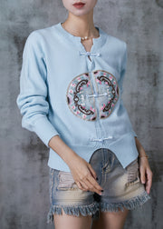 Blue Silm Fit Knit Tops Embroidered Side Open Spring