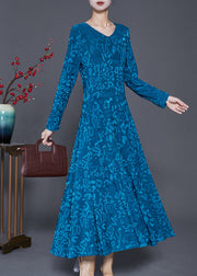 Blue Silm Fit Silk Velour Robe Dresses Jacquard Spring