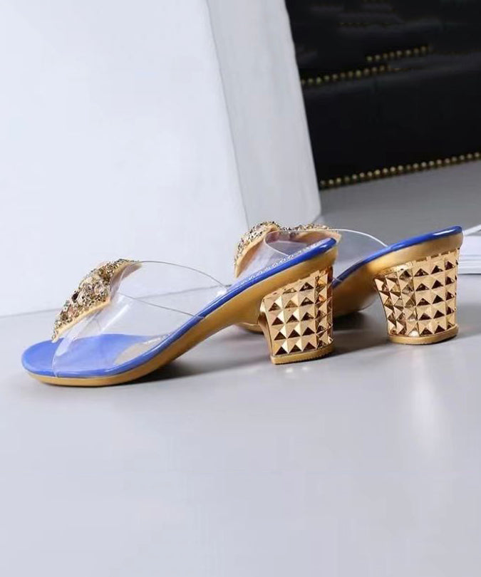 Blue Slide Sandals Chunky Stylish Splicing Zircon Bow