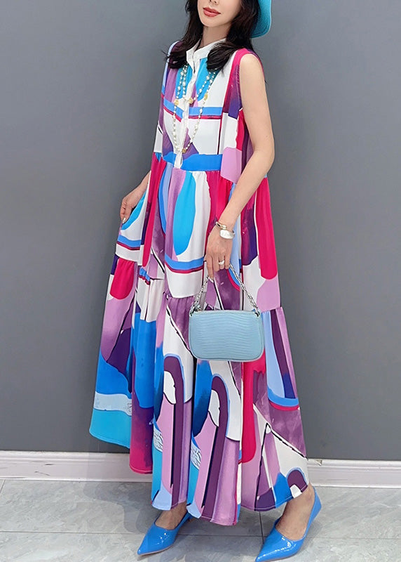 Blue Stand Collar Patchwork Long Dresses Summer