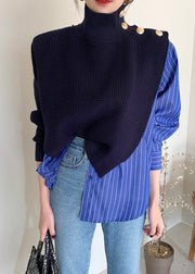 Blue Striped Button Fake Two Pieces Shirt Long Sleeve