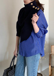 Blue Striped Button Fake Two Pieces Shirt Long Sleeve