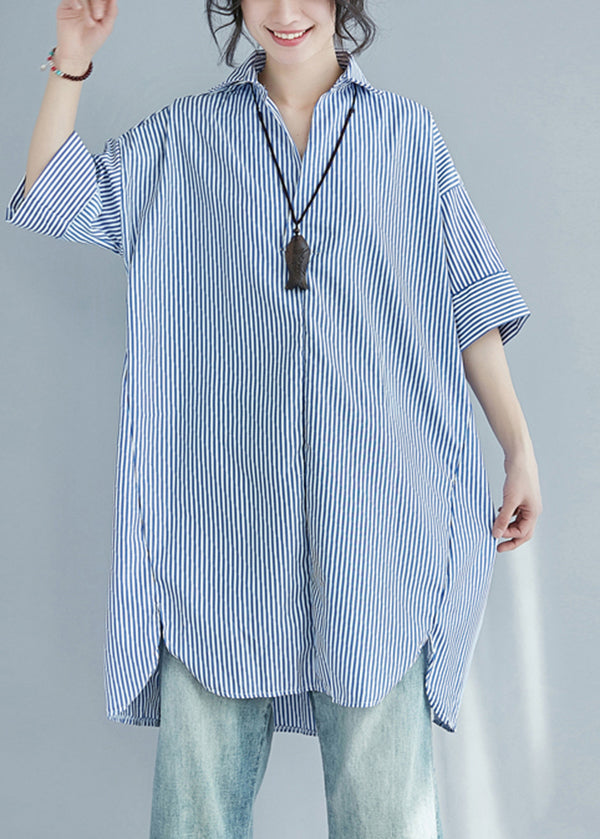 Blue Striped Cotton Shirt Dress Oversized Side Open Summer