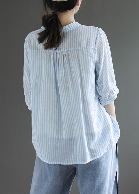 Blue Striped Cotton Shirt Top O-Neck Oversized Half Sleeve