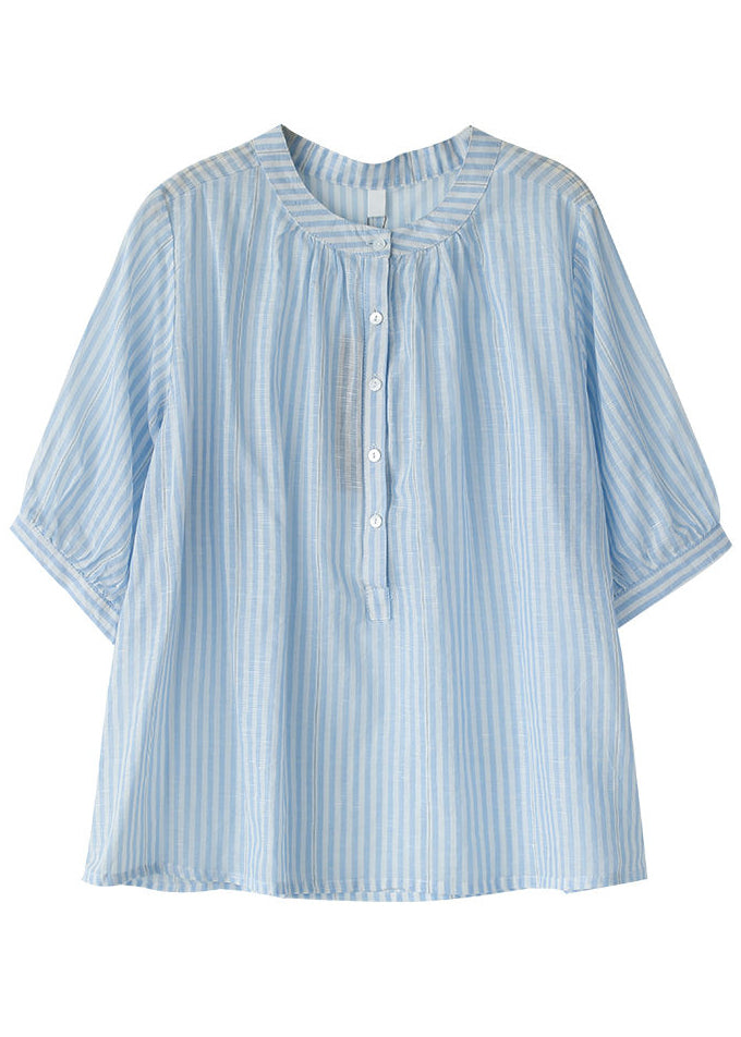 Blue Striped Cotton Shirt Top O-Neck Oversized Half Sleeve