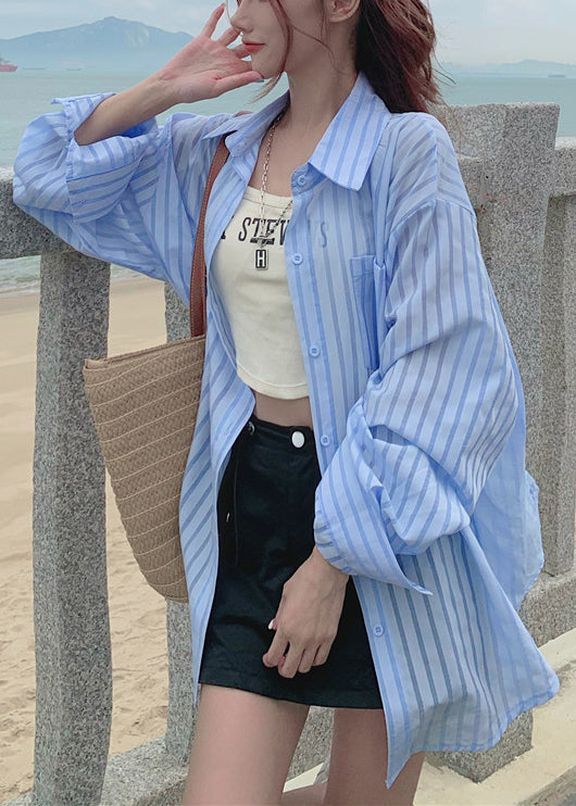 Blue Striped Cotton Shirt Tops Peter Pan Collar Fall