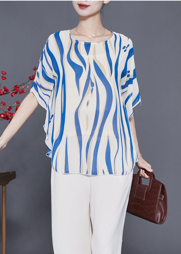 Blue Striped Silk Tank Tops Oversized Batwing Sleeve