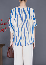 Blue Striped Silk Tank Tops Oversized Batwing Sleeve