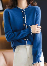 Blue Thick Knit Cardigan Pearl Button Ruffled Winter