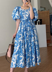 Blue Tie Waist Cotton Long Dresses Square Collar Puff Sleeve