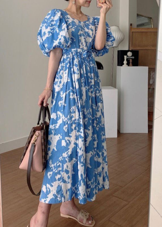 Blue Tie Waist Cotton Long Dresses Square Collar Puff Sleeve