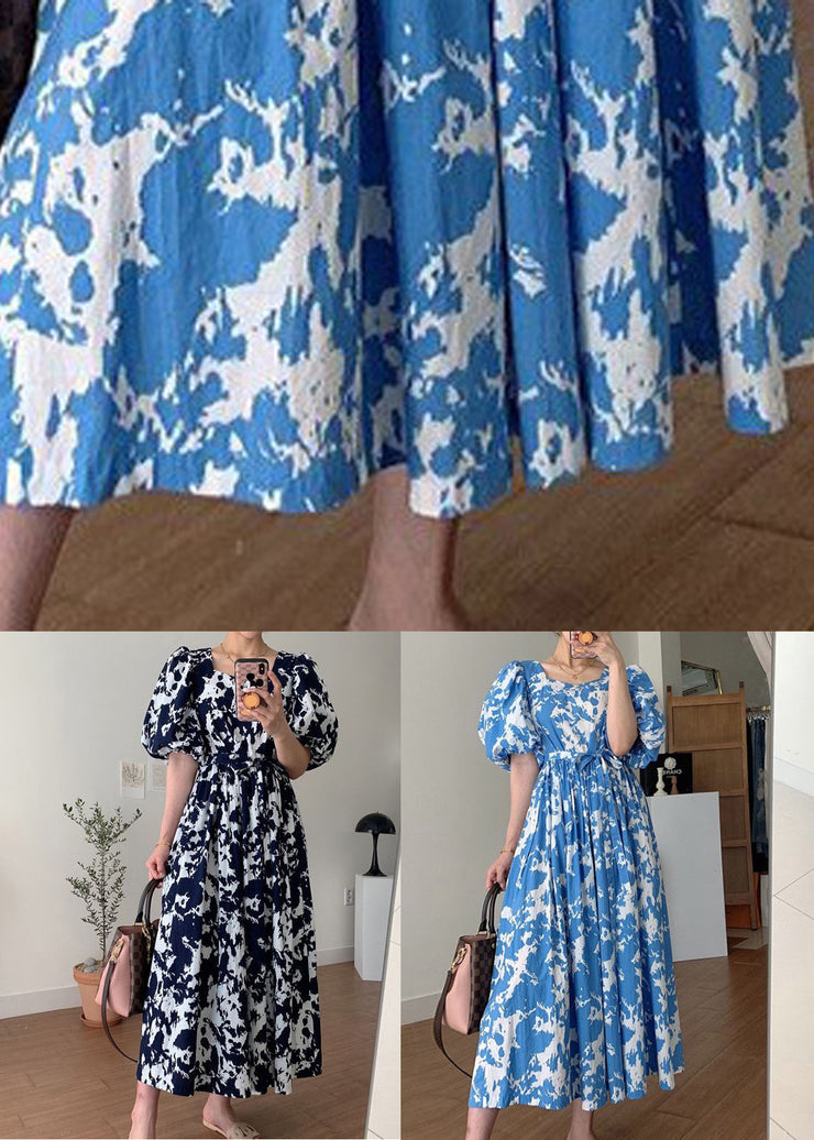 Blue Tie Waist Cotton Long Dresses Square Collar Puff Sleeve