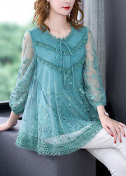 Blue Tulle A Line Top Embroideried Hollow Out Summer