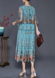 Blue Tulle Holiday Dresses Embroideried Tie Waist Bracelet Sleeve