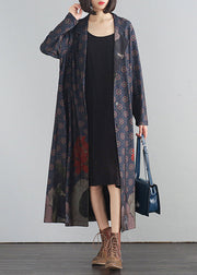 Blue V Neck Print Button Long Trench Coats Fall