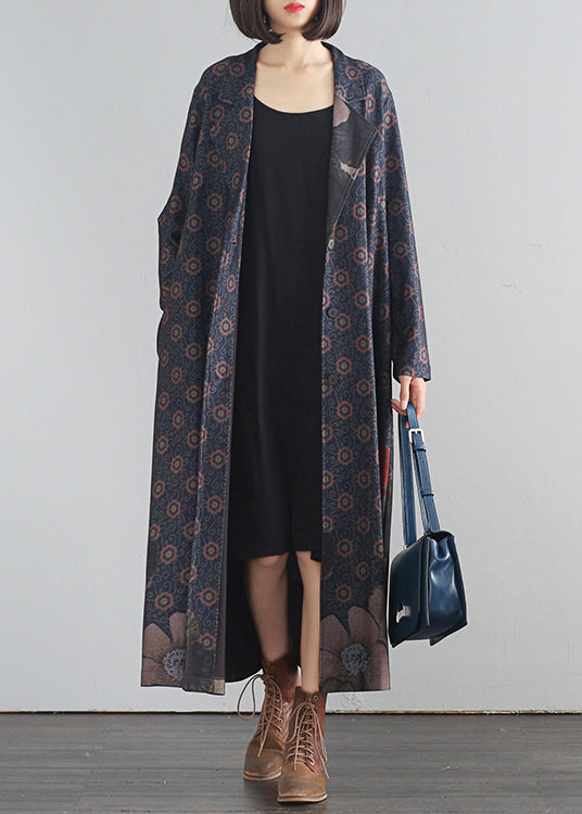 Blue V Neck Print Button Long Trench Coats Fall