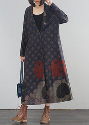 Blue V Neck Print Button Long Trench Coats Fall