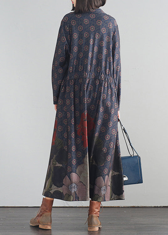 Blue V Neck Print Button Long Trench Coats Fall