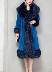 Blue Warm Faux Fur Long Coats Fur Collar Silm Fit Winter