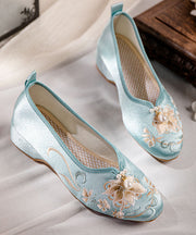 Blue Wedge Heels Satin Boho Splicing Nail Bead Embroidery