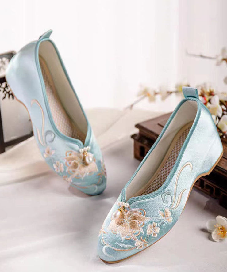 Blue Wedge Heels Satin Boho Splicing Nail Bead Embroidery