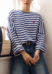 Blue White Striped Embroideried Loose Cotton Top Long Sleeve