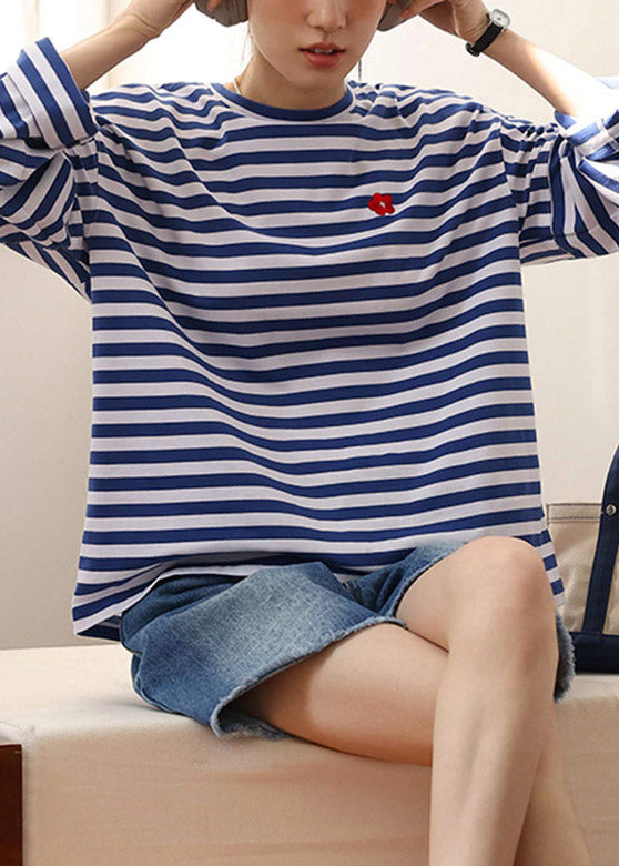 Blue White Striped Embroideried Loose Cotton Top Long Sleeve