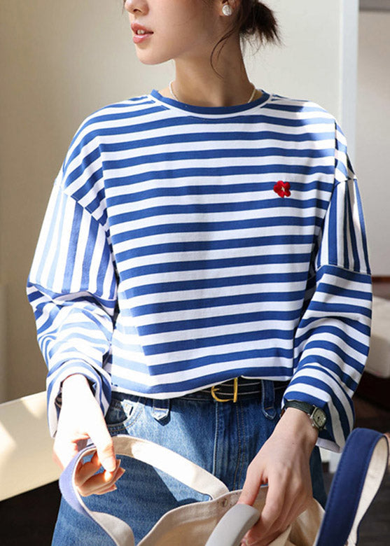 Blue White Striped Embroideried Loose Cotton Top Long Sleeve