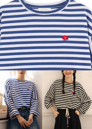 Blue White Striped Embroideried Loose Cotton Top Long Sleeve