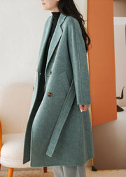 Blue Woolen Coat Sashes Double Breast Fall