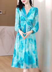 Blue Wrinkled Chiffon Long Dresses V Neck Long Sleeve