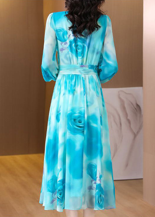 Blue Wrinkled Chiffon Long Dresses V Neck Long Sleeve