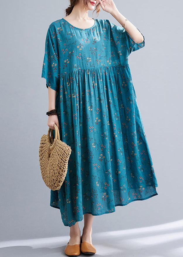 Blue Wrinkled Cotton Long Dress O Neck Half Sleeve