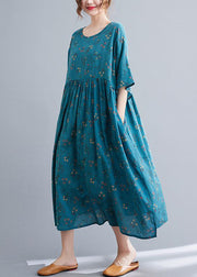 Blue Wrinkled Cotton Long Dress O Neck Half Sleeve