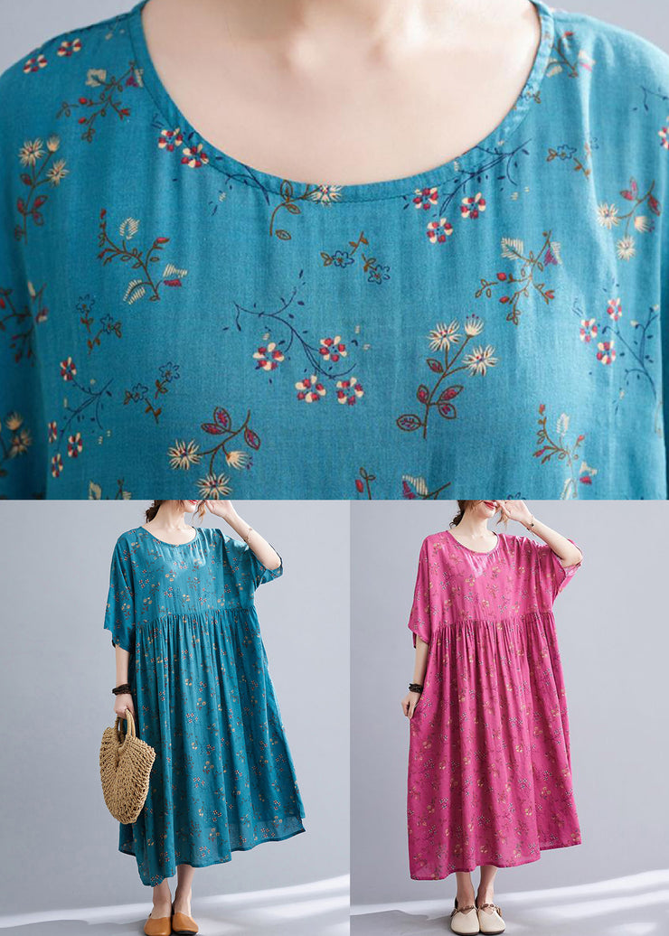 Blue Wrinkled Cotton Long Dress O Neck Half Sleeve